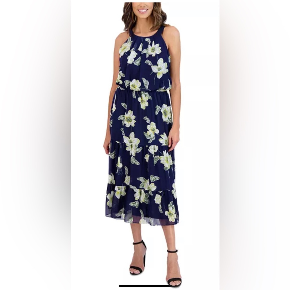 Robbie Bee Navy/Yellow tea length chiffon dress NWT Size 18